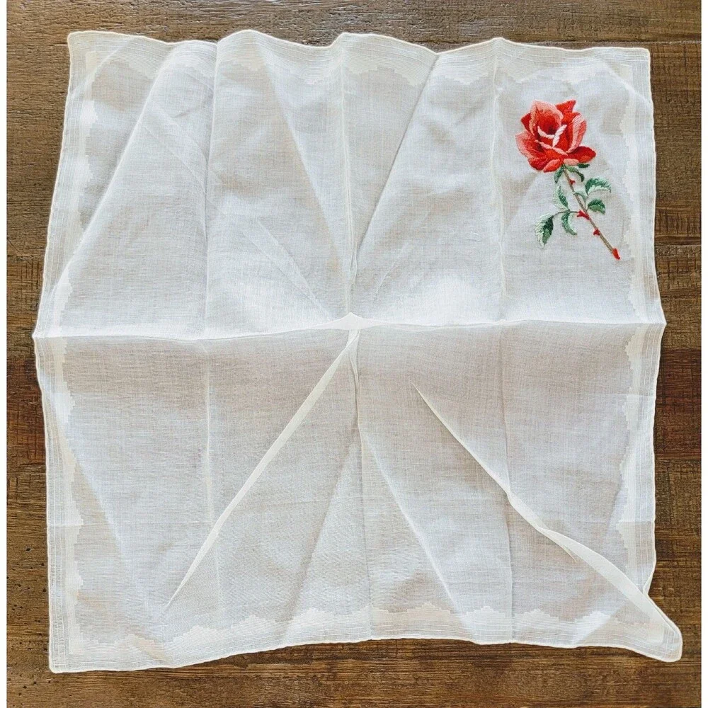 VTG White Handkerchief Embroidered Long Stemmed Red & Pink Rose - Picture 2 of 4